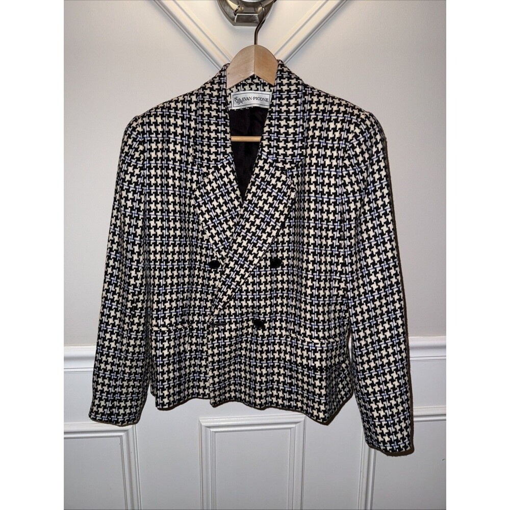 Evan-Picone Blazer Womens 10 Houndstooth Black, Blue & Cream Union Made Is USA